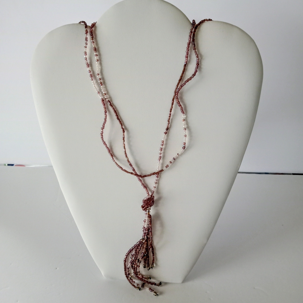VTG Flapper Hippie Style 42" Slip Over Purples Pearl Glass Seed Beads 5" Tassel